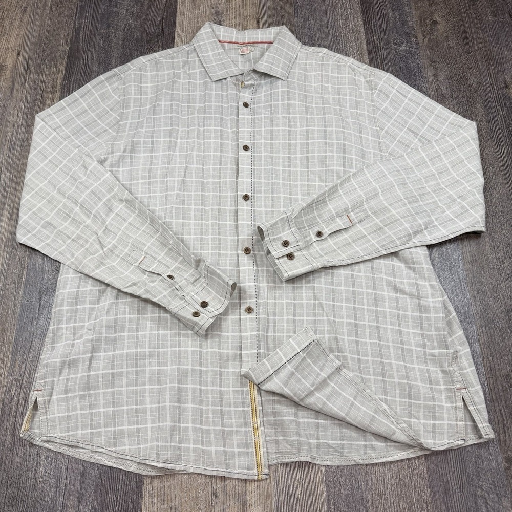 Carbon2Cobalt Mens XL Linen Cotton Button Up Shirt Gray Windowpane Plaid Casual